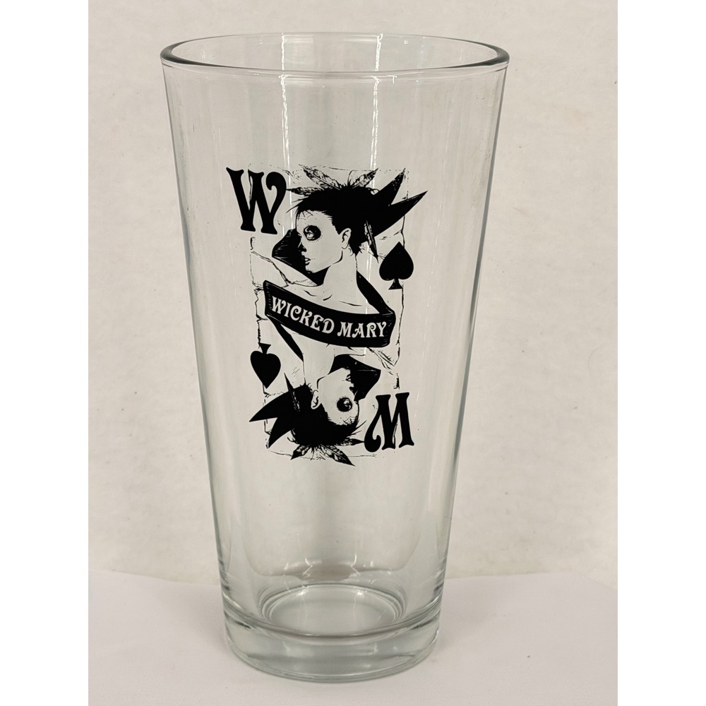 Wicked Mary Queen of Spades Pint Glass Clear Black Graphic Barware 16oz Tumbler